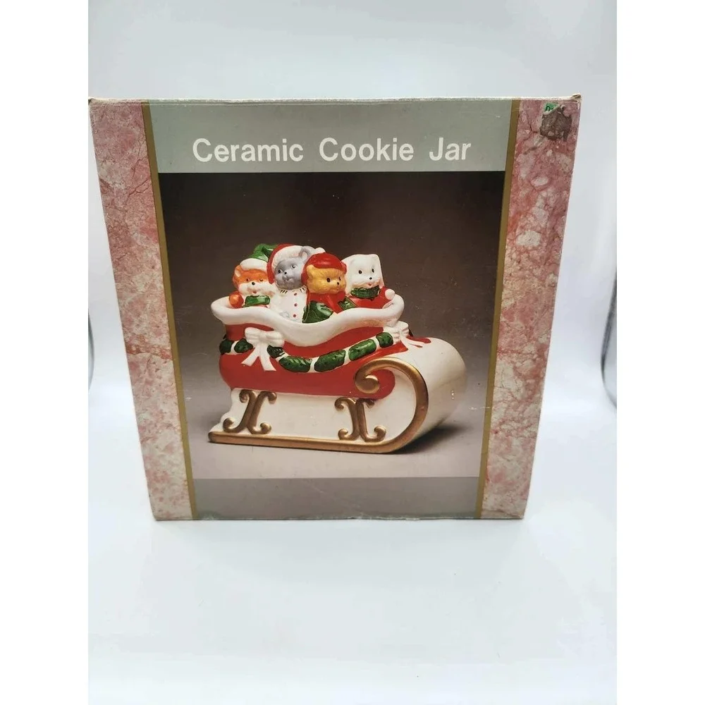 Vintage Christmas Ceramic Cookie Jar Santa Sleigh Animals cat bear